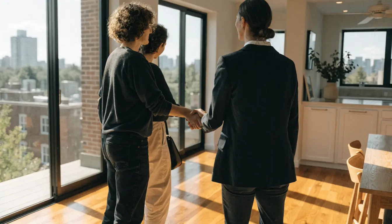 Handshake between an Etobicoke real estate agent and clients in a bright Toronto home