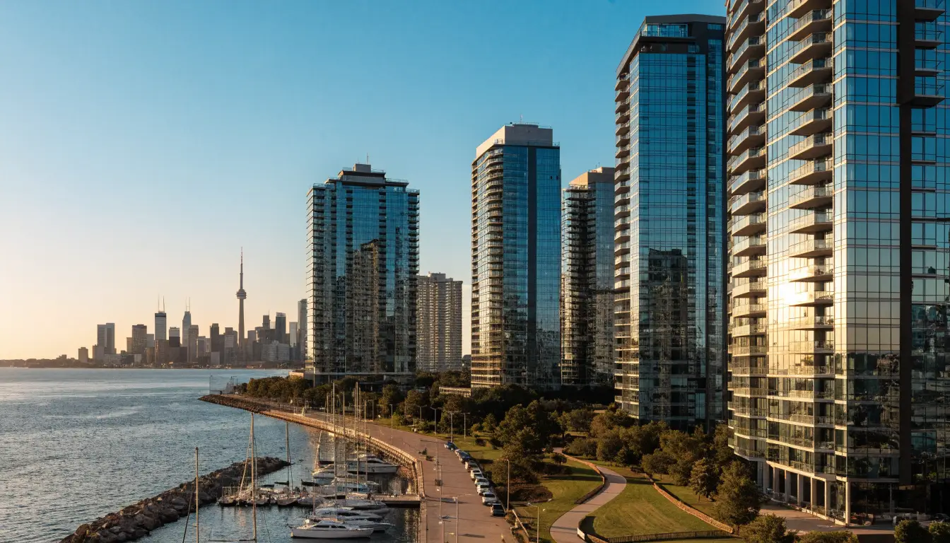 Waterfront condos and low-rise streets in south Etobicoke, comparing Mimico and New Toronto