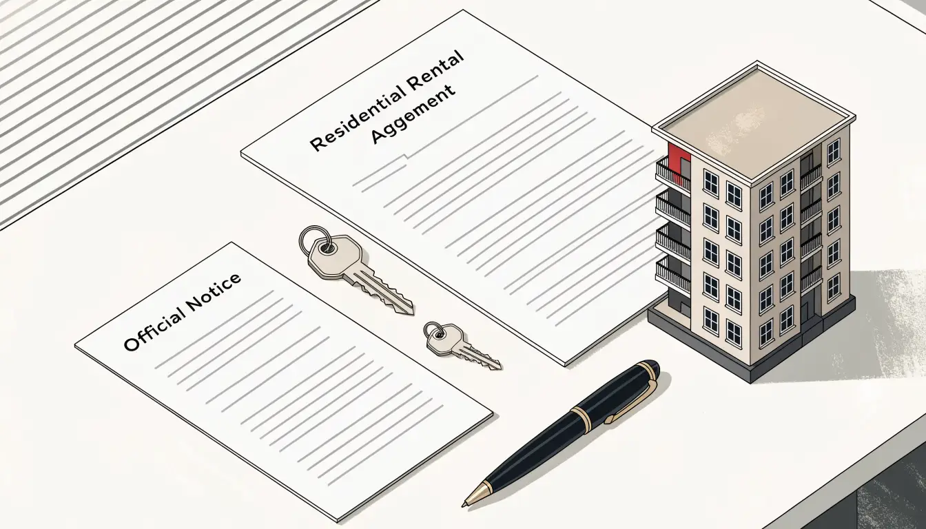 A rental agreement, house keys and an official notice form representing the Ontario N12 own-use notice process