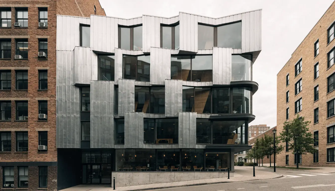 The Hive Lofts, a small Teeple Architects designed loft building with corrugated zinc cladding at 892 The Queensway, Etobicoke