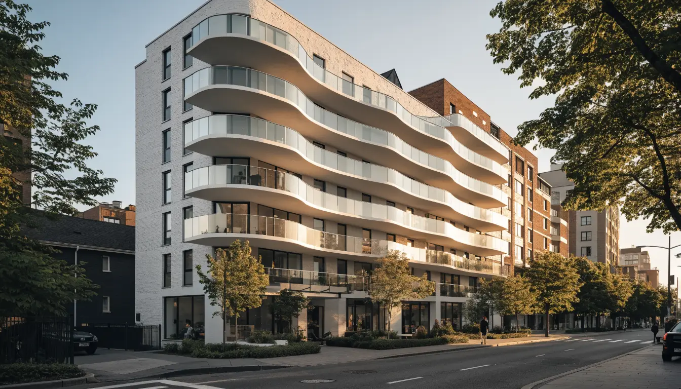 Reina Condos, a nine-storey white brick condominium with curving balconies at 689 The Queensway, Etobicoke