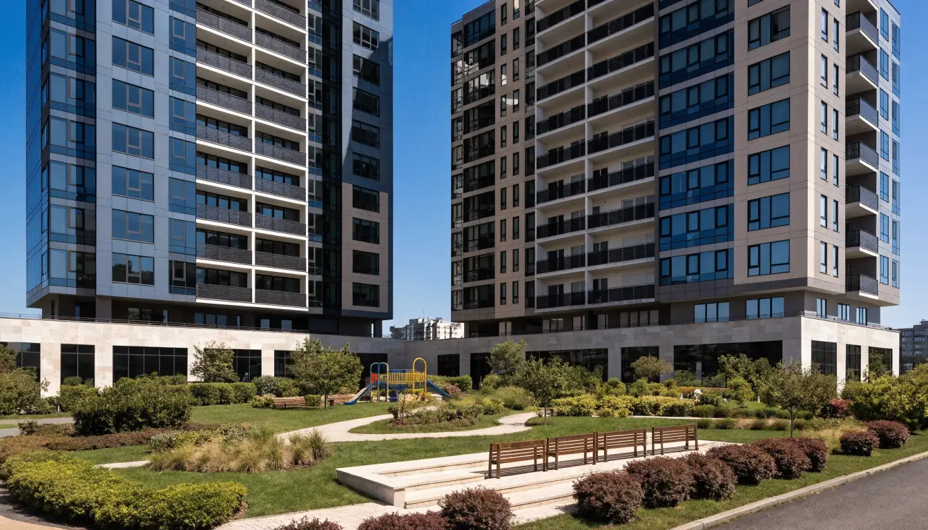 IQ Condos, two twelve-storey towers on a shared podium around a private courtyard park at 1185 The Queensway, Etobicoke
