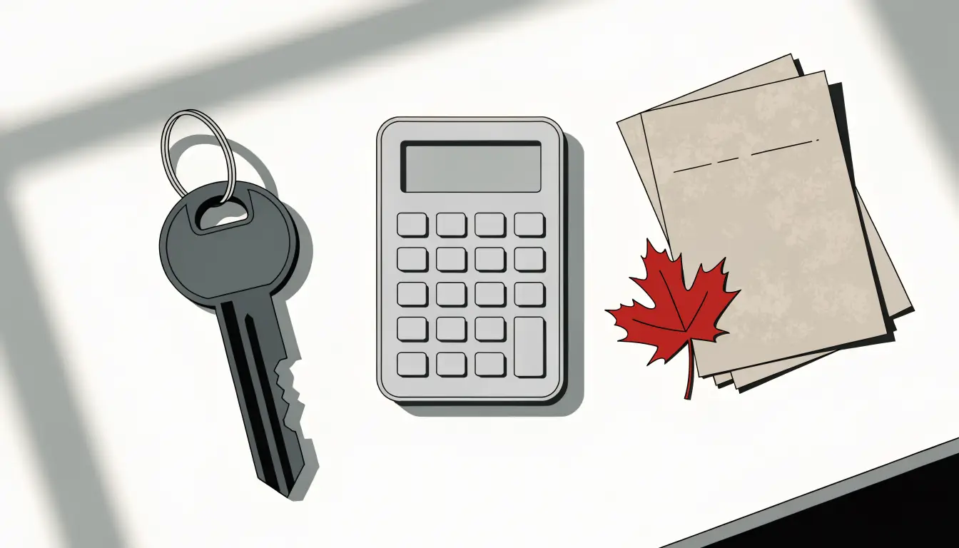 Condo keys, calculator and documents representing GST and HST rebates on new homes in Ontario