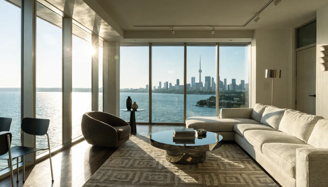 Bright Toronto condo living room with lake and skyline views, representing an Etobicoke condo valuation
