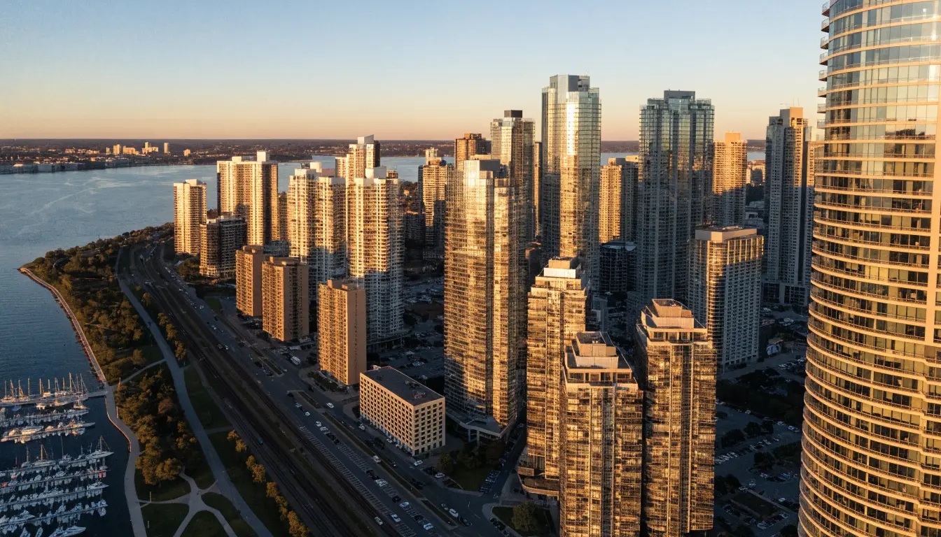 Aerial view of the dense Humber Bay Shores waterfront condo district beside the Lakeshore West rail corridor in Etobicoke