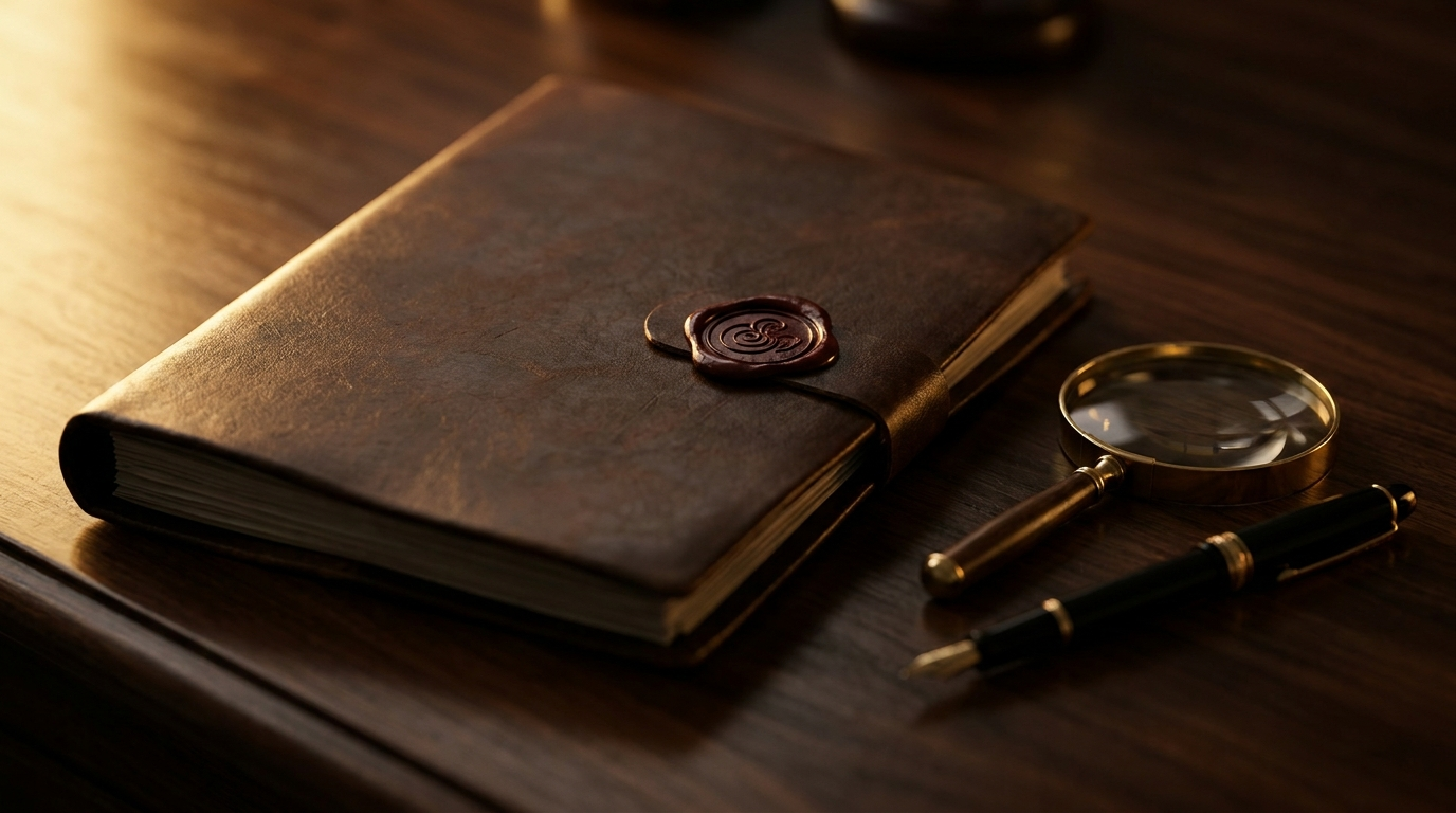 Expediente de cuero con lupa y pluma sobre un escritorio de nogal