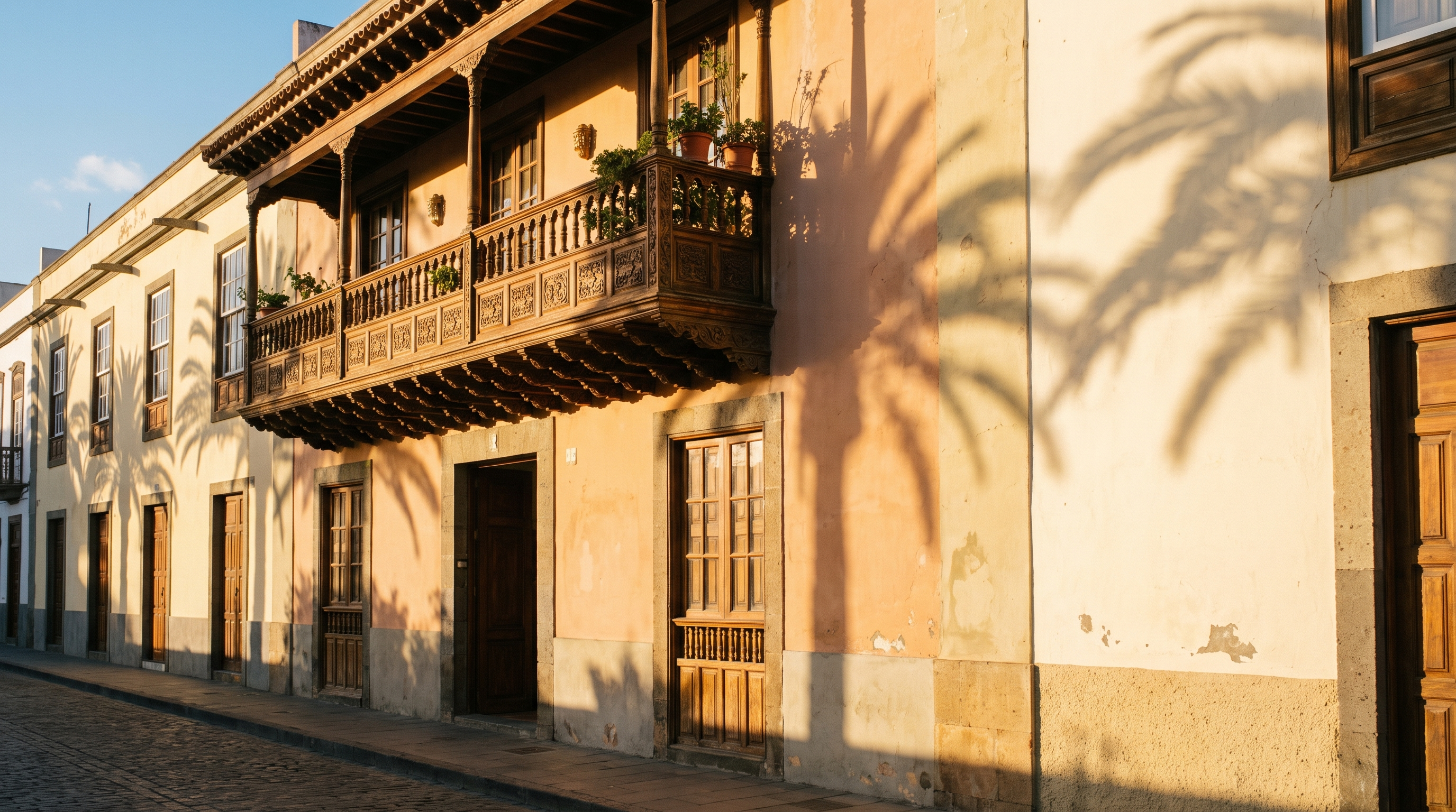Fachada de una casa tradicional de Las Palmas de Gran Canaria a la luz dorada del atardecer