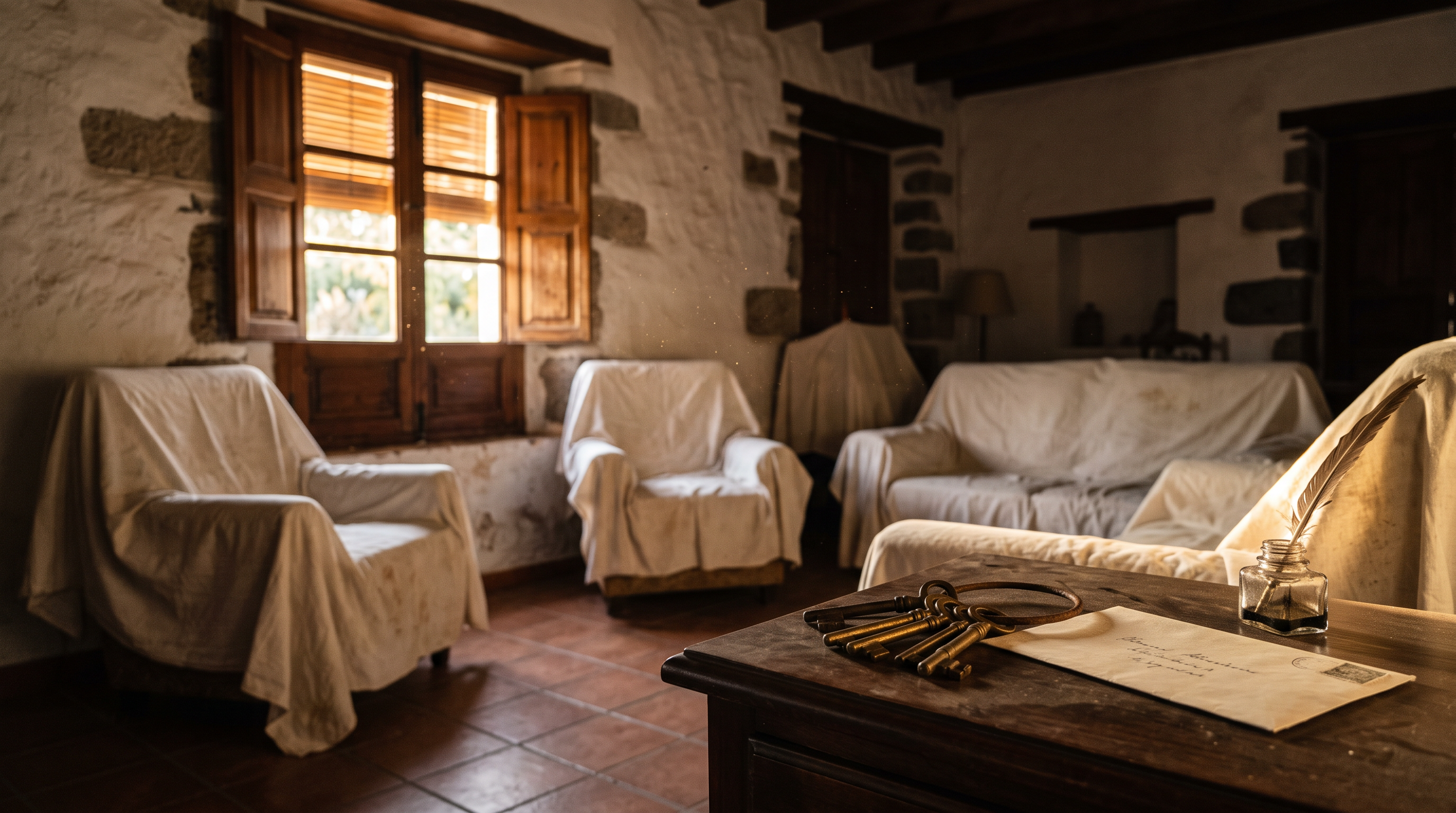 Salón vacío de una casa canaria con muebles cubiertos, llaves y un sobre a contraluz