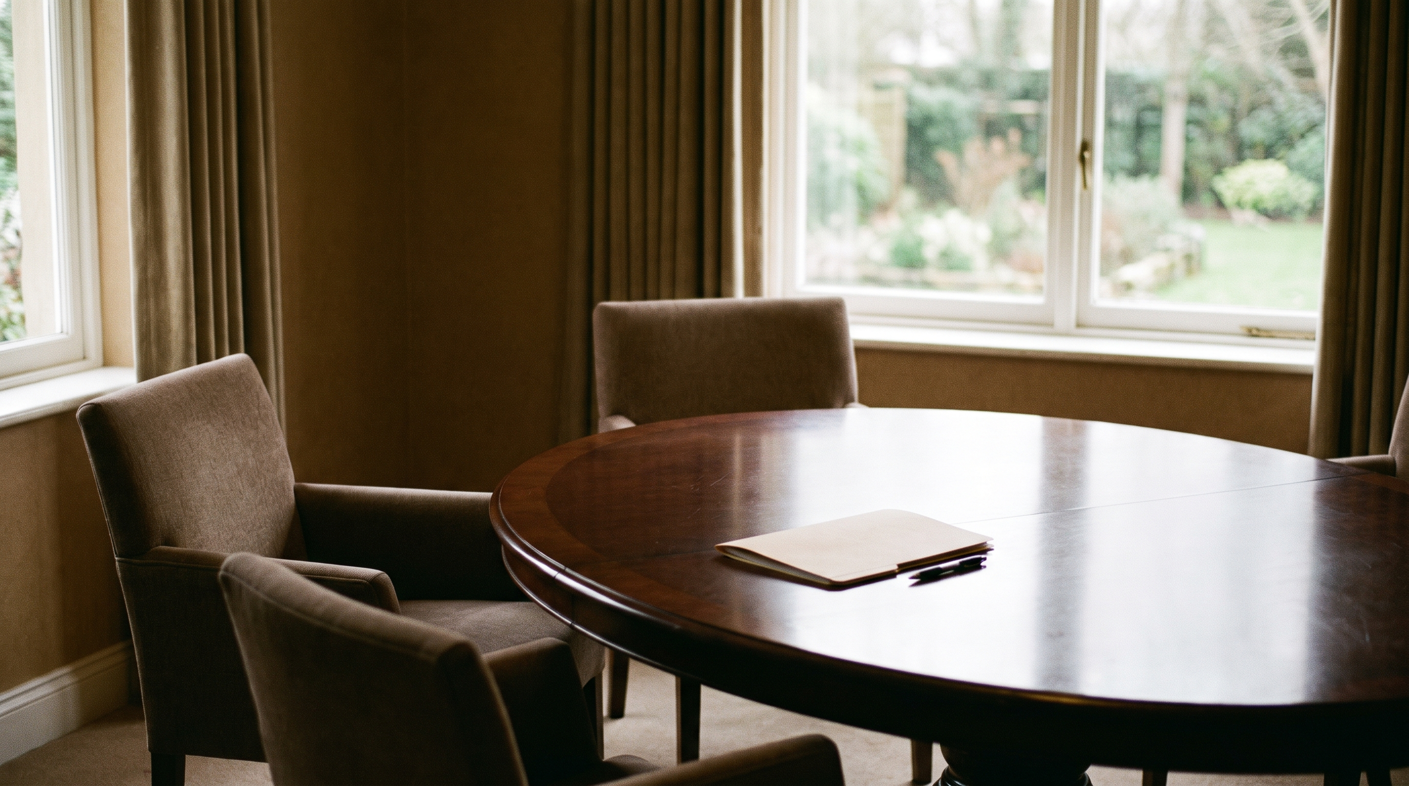 Sala de reunión serena con una mesa redonda, tres sillas y una carpeta de documentos en el centro
