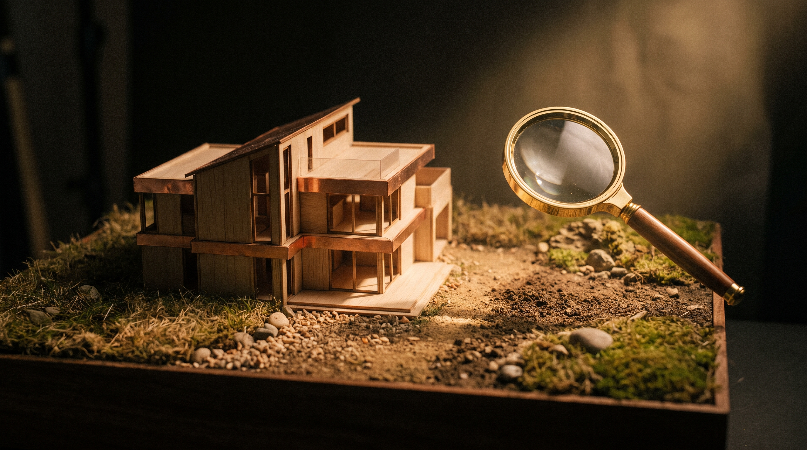 Maqueta de una casa sobre su parcela de terreno, con una lupa de latón enfocando el suelo