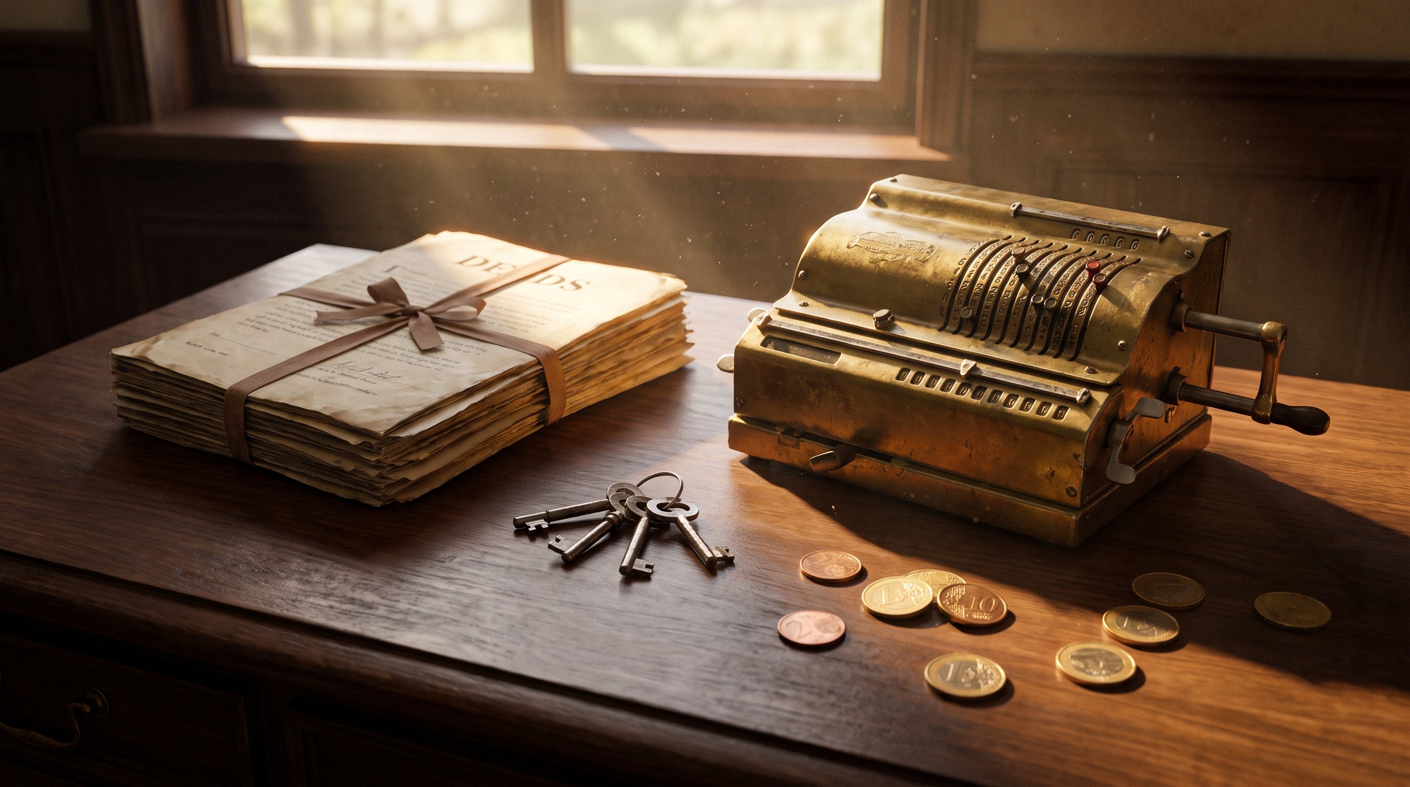 Calculadora, escrituras, llaves y monedas sobre un escritorio a contraluz cálida