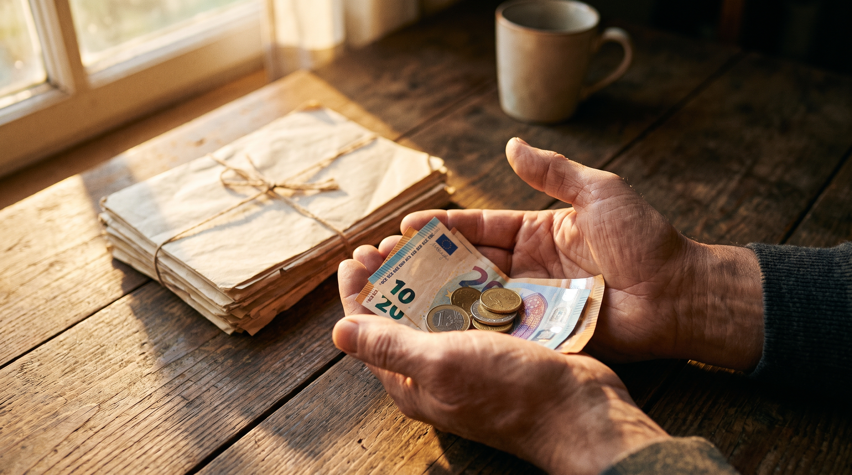 Dos manos sosteniendo billetes y monedas de euro junto a documentos de propiedad