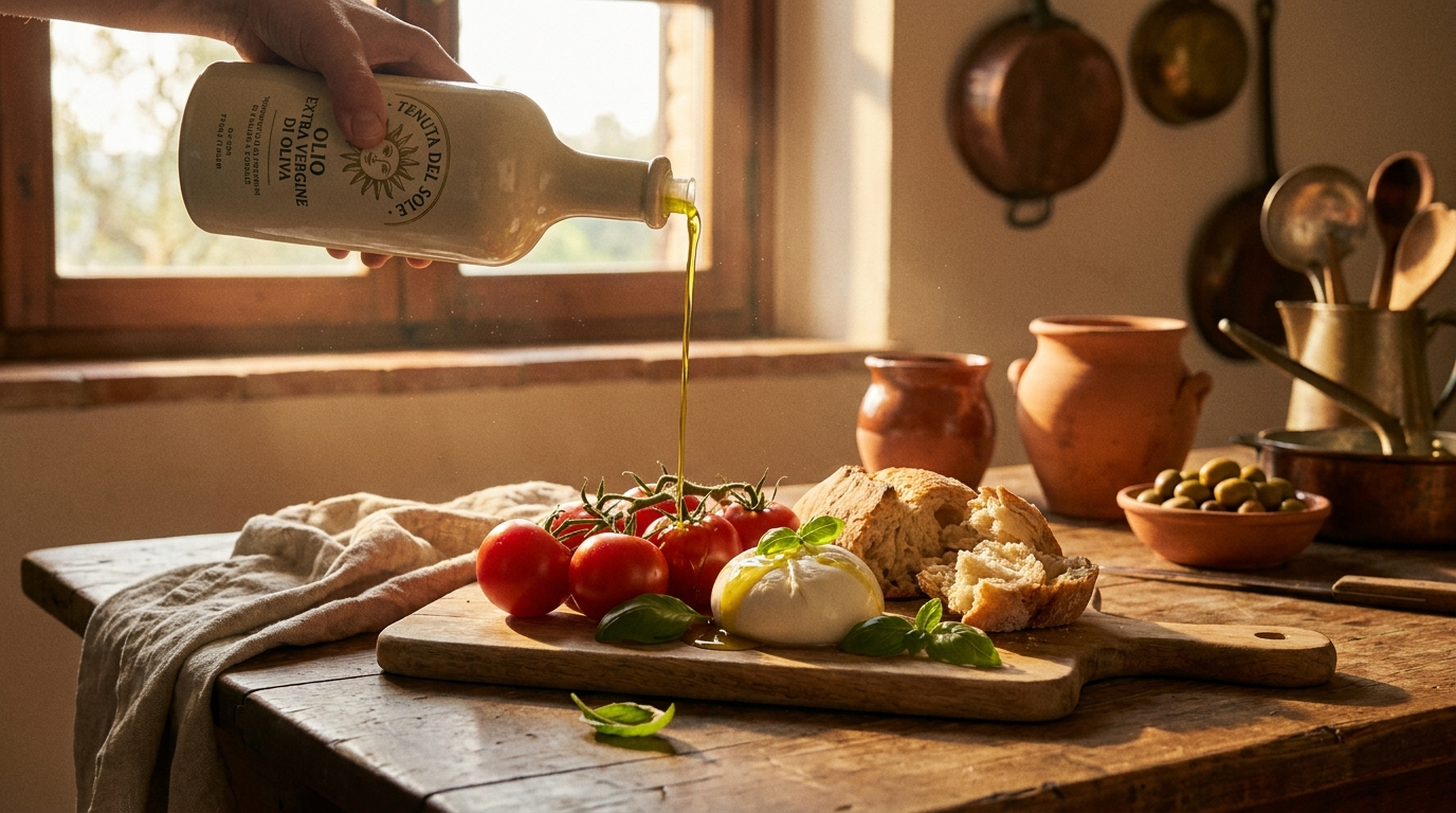 Italian extra virgin olive oil drizzled over fresh Italian food