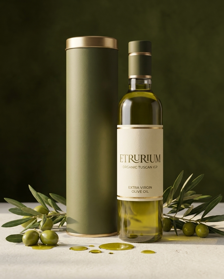 ETRURIUM Organic Tuscan IGP extra virgin olive oil bottle beside an olive-green gift tin