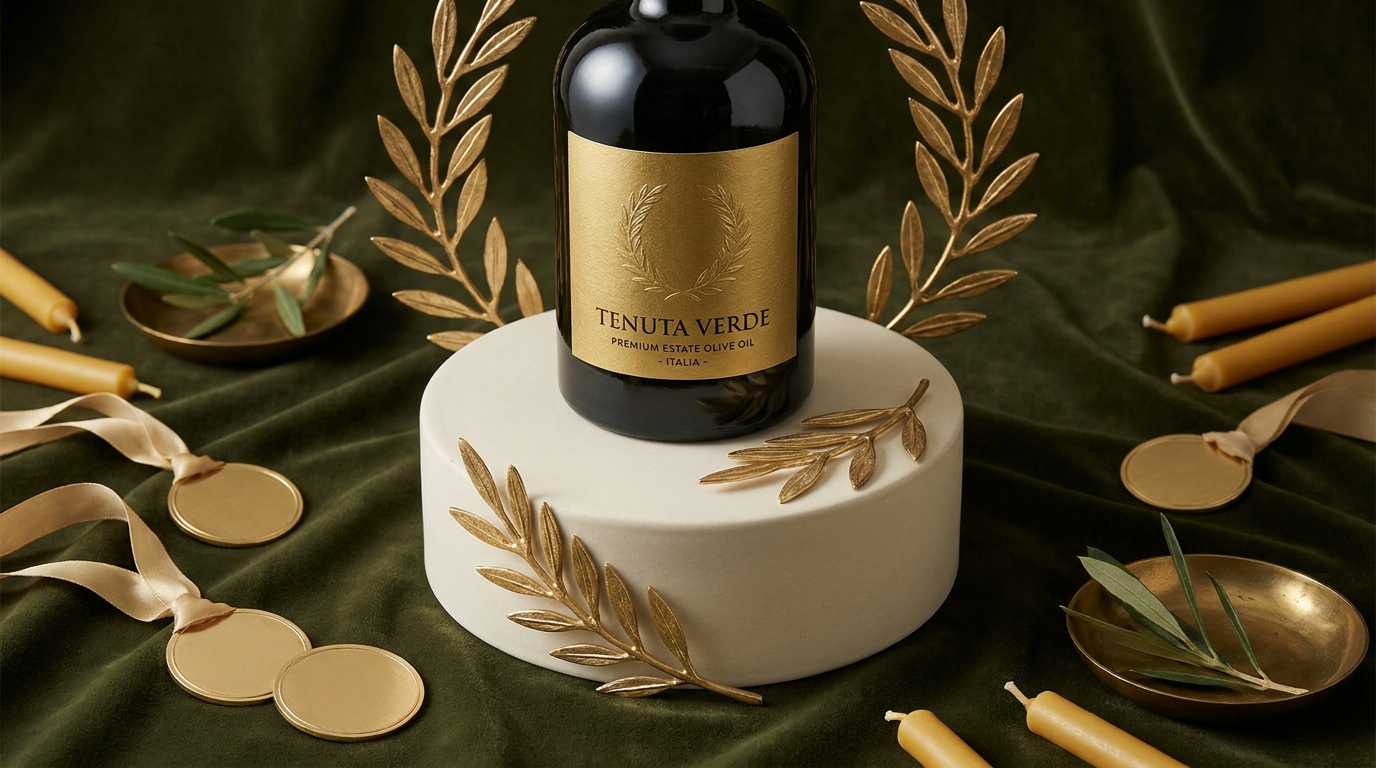 A dark estate bottle of Olive Father extra virgin olive oil framed by laurel motifs, evoking European quality recognition