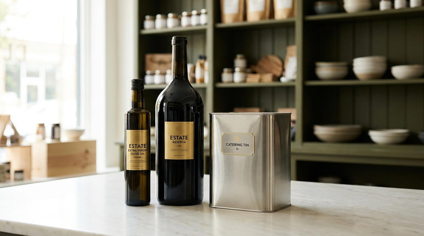 Olive Father extra virgin olive oil in multiple trade formats on a marble counter in a specialty grocer setting