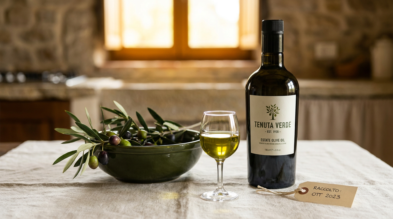 An Olive Father bottle with a tasting glass, olive branch, and harvest-date tag on bone-white linen
