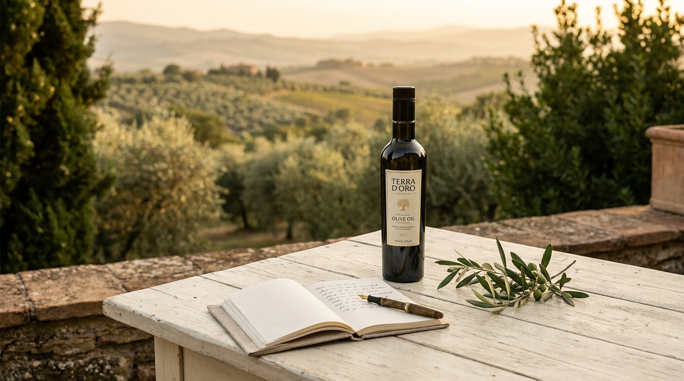 A sunlit Italian terrace overlooking olive groves with an Olive Father bottle and notebook on a bone-white table