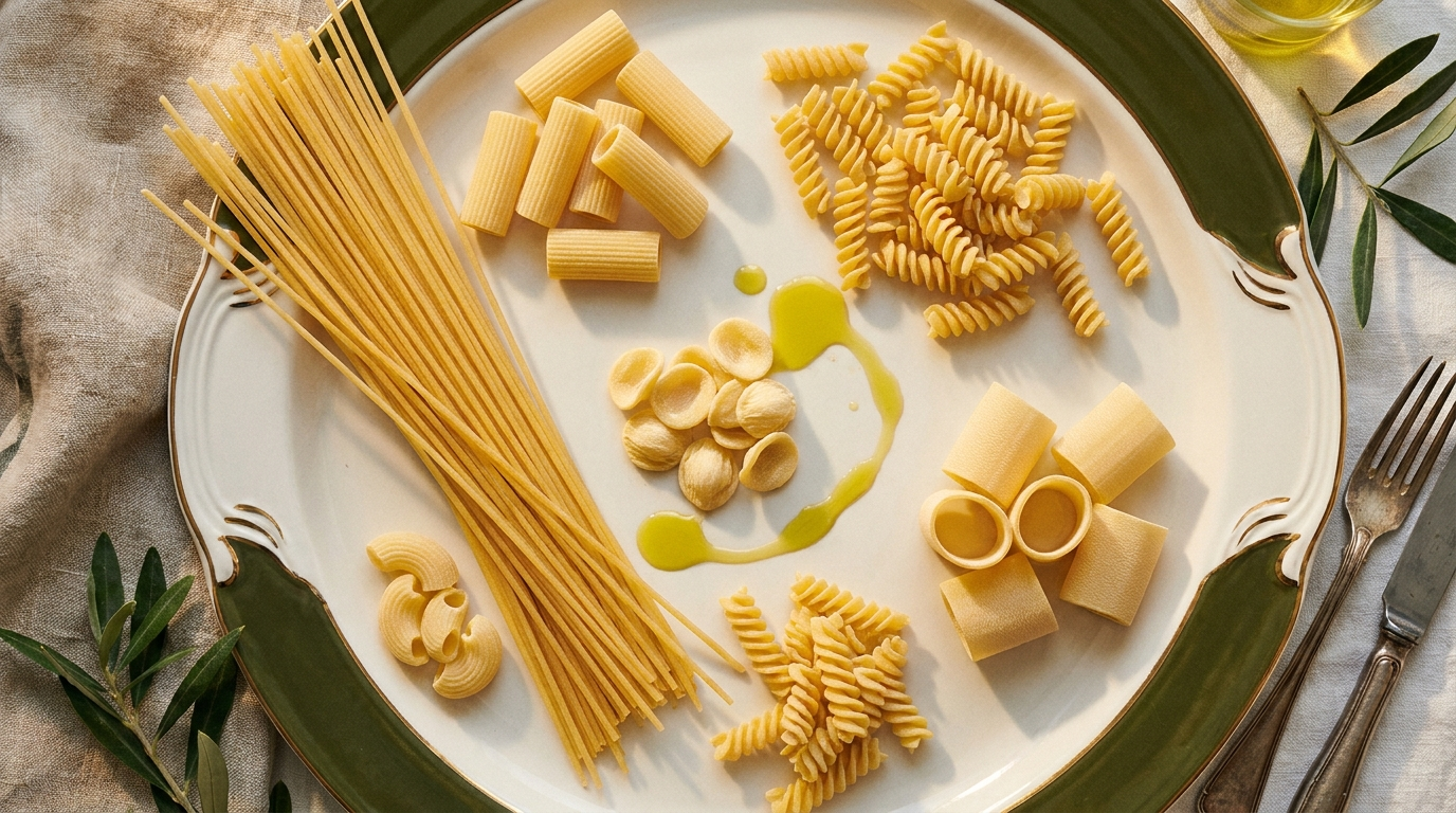 An array of bronze-drawn Italian pasta shapes on a bone-white surface with a drizzle of olive oil