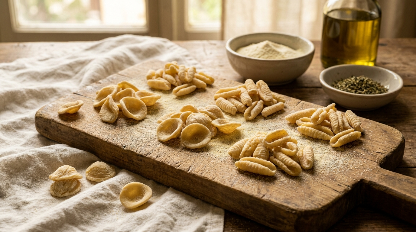 Bronze-drawn Italian durum wheat pasta with a rough matte texture and semolina dusting