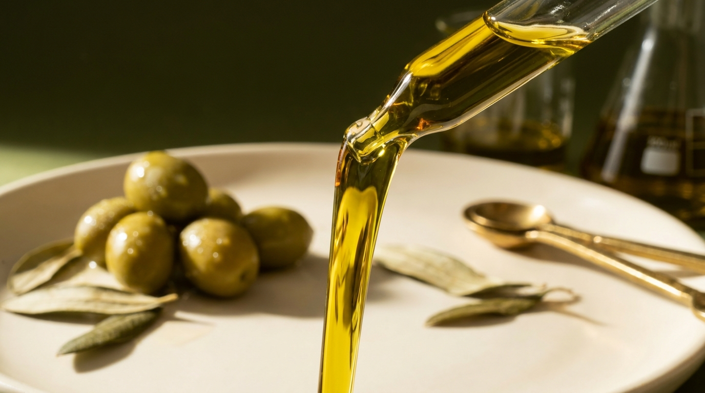 Macro photograph of golden-green extra virgin olive oil pouring in a ribbon of light