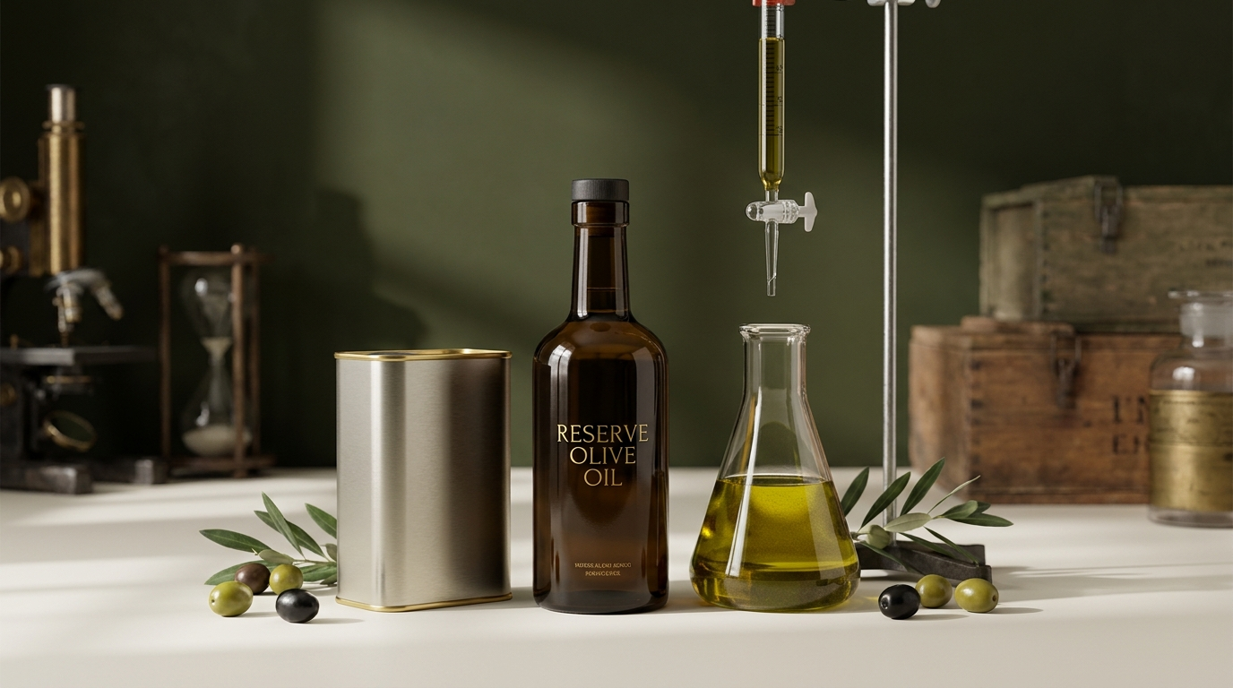 Amber glass olive oil bottle and tin beside a laboratory flask of olive oil and a titration burette
