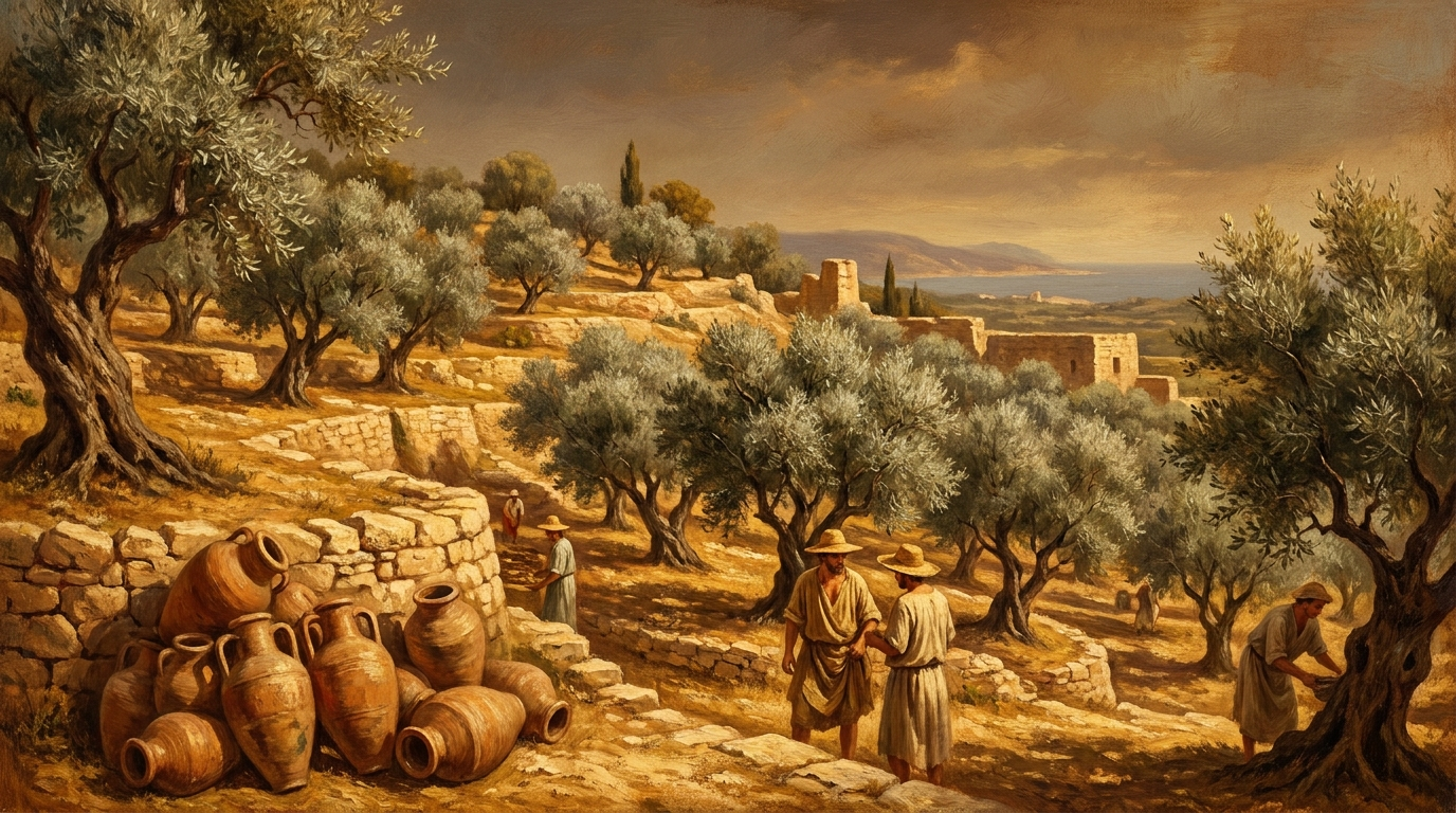 Ancient terraced olive grove in the Mediterranean with stacked terracotta amphorae in warm golden light