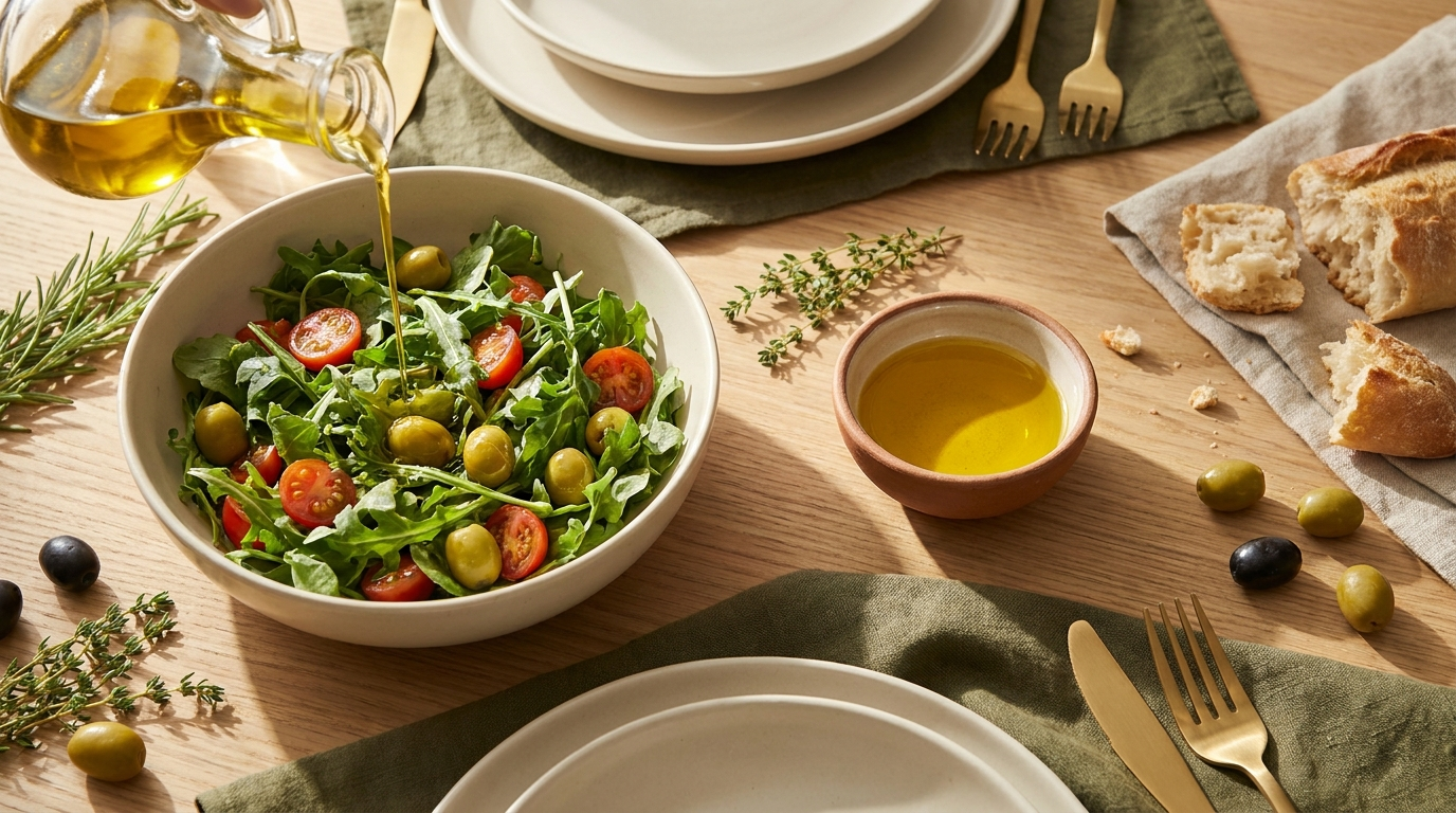 Extra virgin olive oil drizzled over a fresh Mediterranean salad of greens, tomatoes and olives