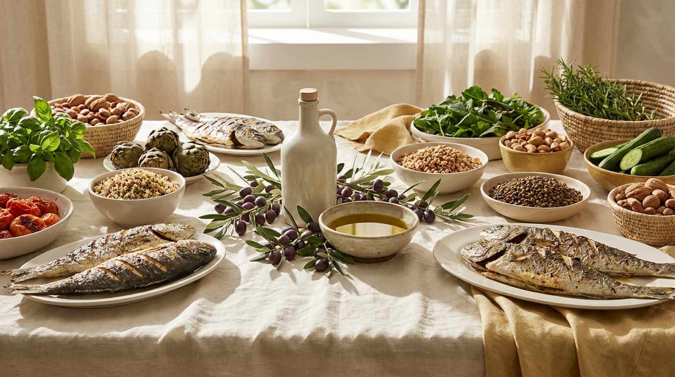 An abundant Mediterranean table of vegetables, legumes, whole grains, fish and extra virgin olive oil