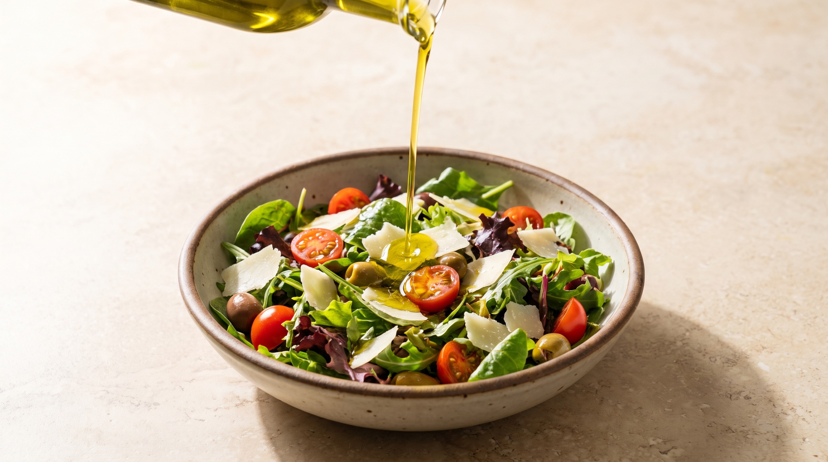 Olive Father extra virgin olive oil poured over a fresh Italian salad