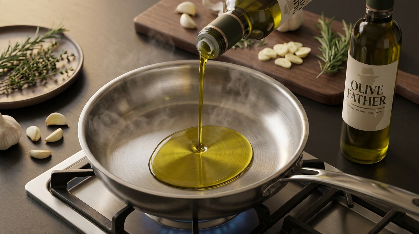Extra virgin olive oil drizzled into a hot sauté pan beside an Olive Father bottle