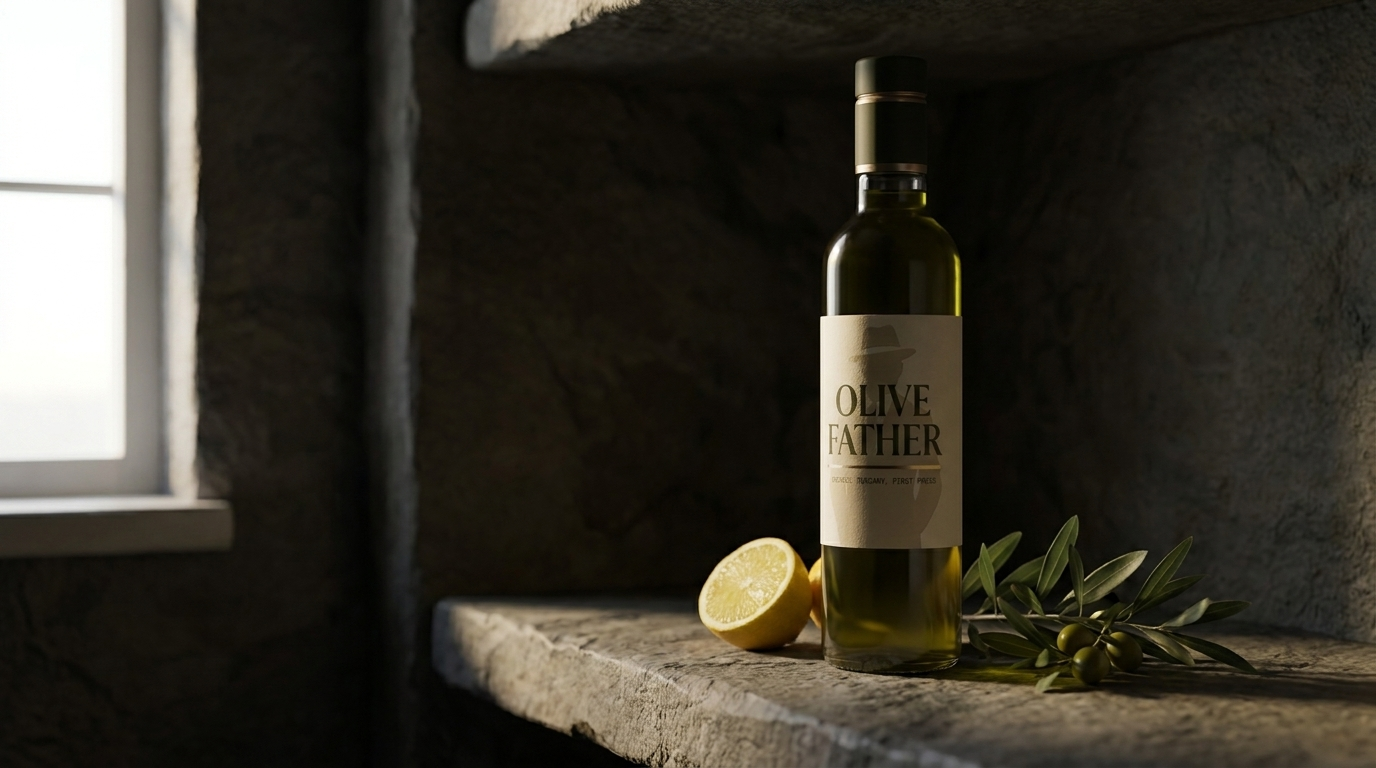 Dark-glass Olive Father olive oil bottle stored on a cool, shaded pantry shelf