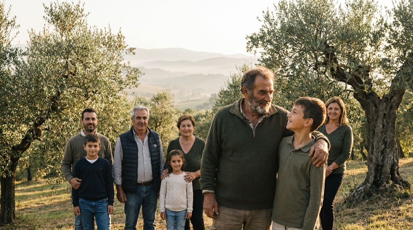 Six generations of the Posterino olive-farming family among ancient silver-leaved olive trees at golden hour in San Procopio, Calabria