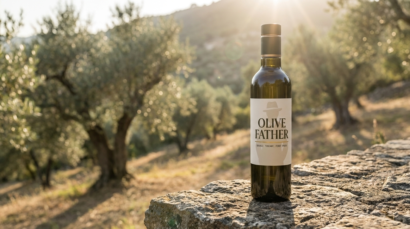 A single bottle of Olive Father extra virgin olive oil standing on weathered stone at the edge of a Calabrian olive grove