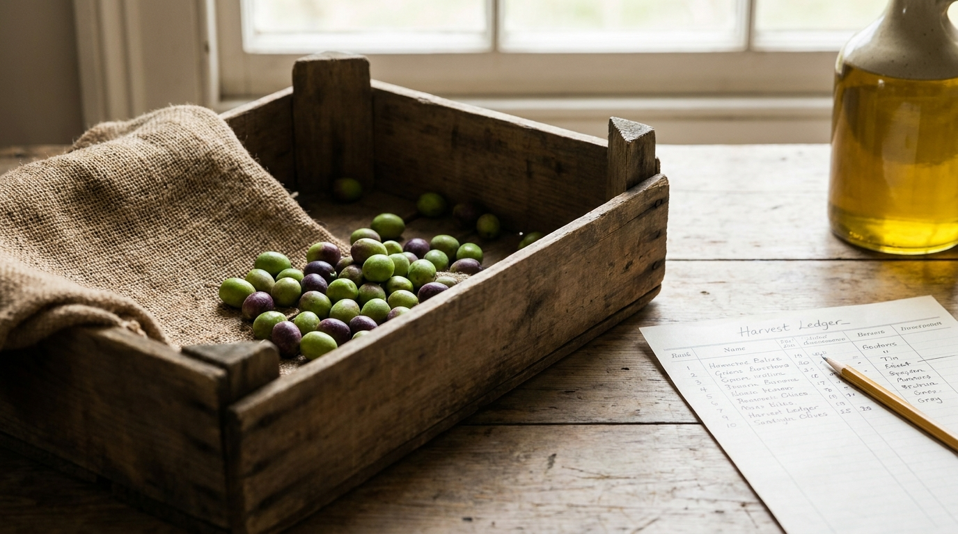 Freshly hand-picked olives in a wooden crate beside a hand-written harvest ledger on a farmhouse table