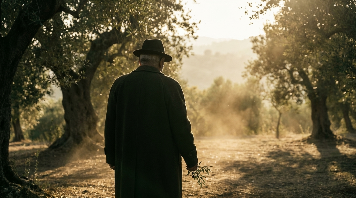 The Olive Father in silhouette — a fedora-wearing patriarch standing between rows of ancient olive trees at golden hour