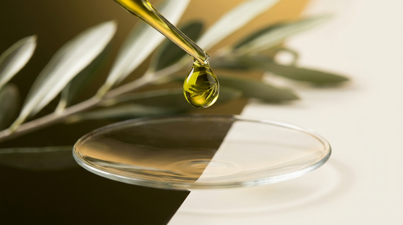 A single luminous drop of green-gold olive oil on a glass pipette, refracting an olive grove