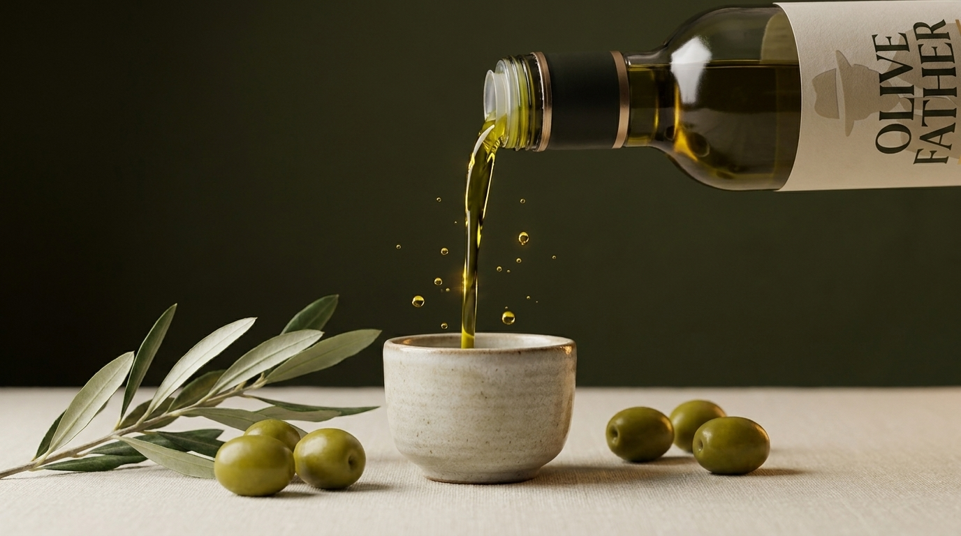 Green-gold extra virgin olive oil poured from a dark bottle into a small ceramic tasting cup beside fresh olives and an olive branch