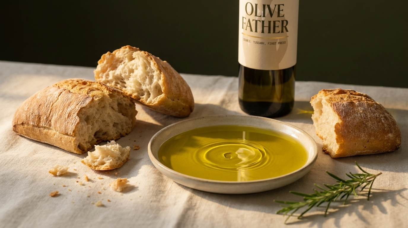 Torn crusty Italian bread beside a shallow dish of green-gold extra virgin olive oil