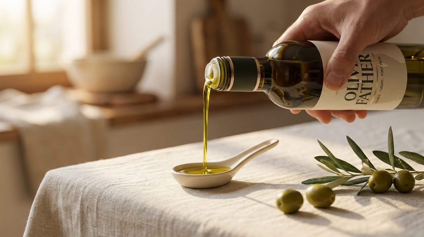 A ribbon of golden extra virgin olive oil poured from an Olive Father bottle into a ceramic spoon in morning light