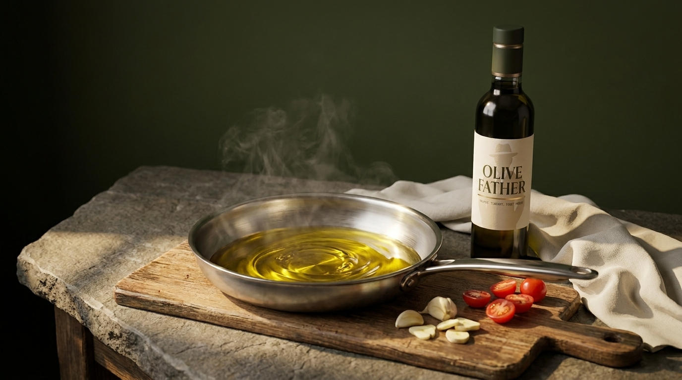 An Olive Father bottle beside a sauté pan with swirling golden olive oil, garlic and tomatoes on a stone counter