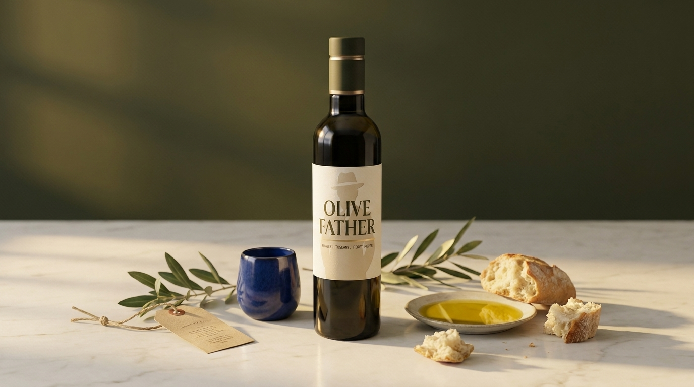 An Olive Father bottle on a marble tasting counter with a tasting glass, harvest-date tag, bread and golden oil