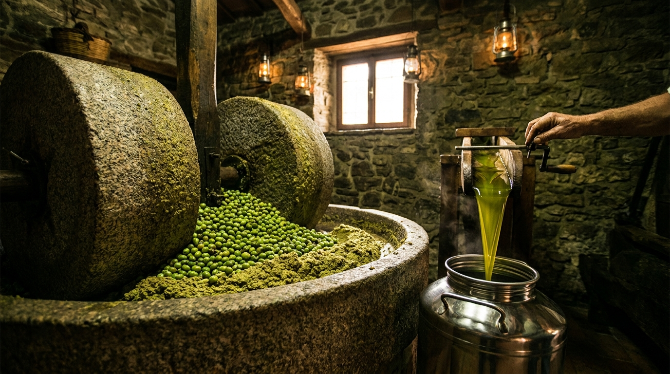 Granite millstones crushing fresh green olives in a traditional Italian mill, fresh oil pouring below
