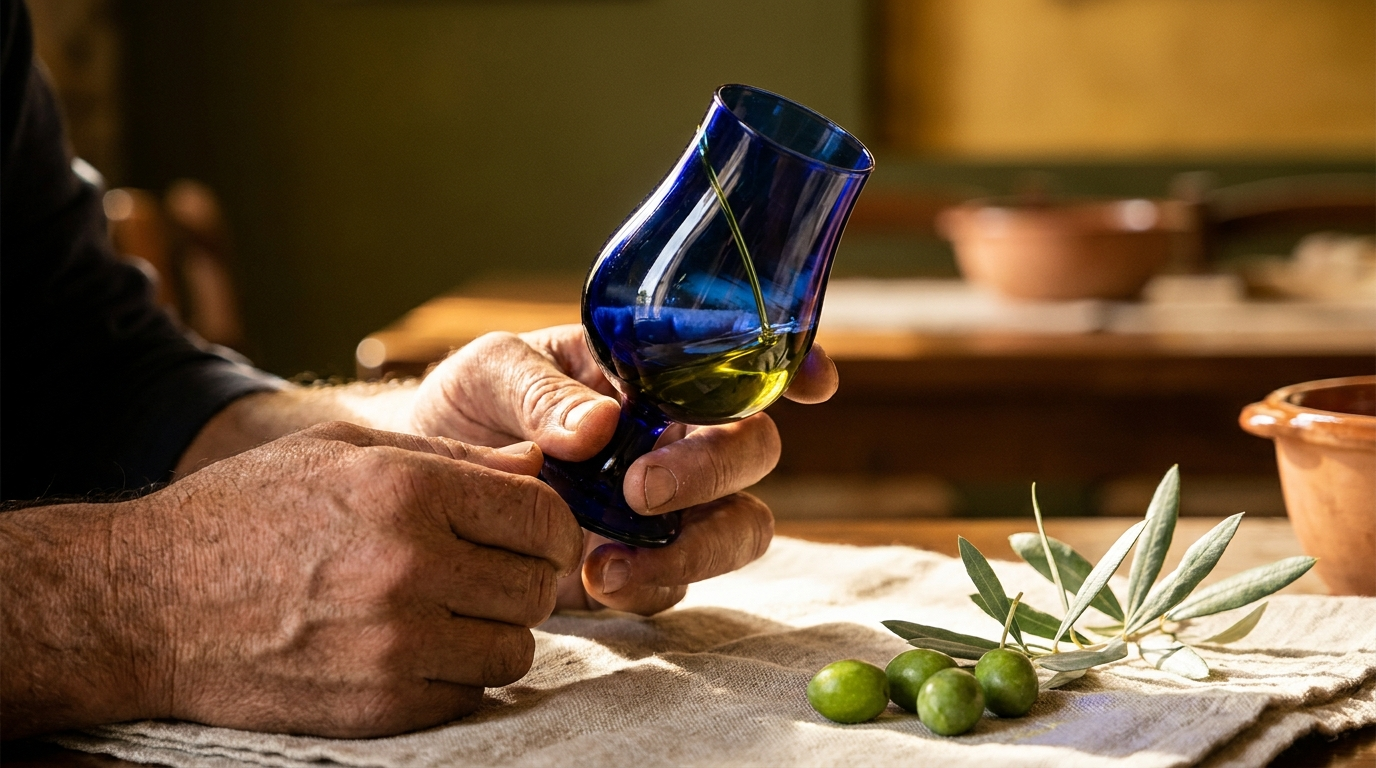 Professional olive oil tasting: cobalt blue tasting glass in a taster's hands beside fresh green olives