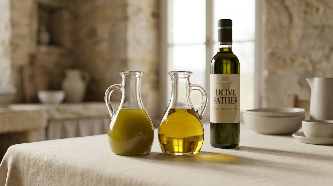 Cloudy unfiltered olive oil and clear filtered olive oil in glass carafes beside an Olive Father bottle