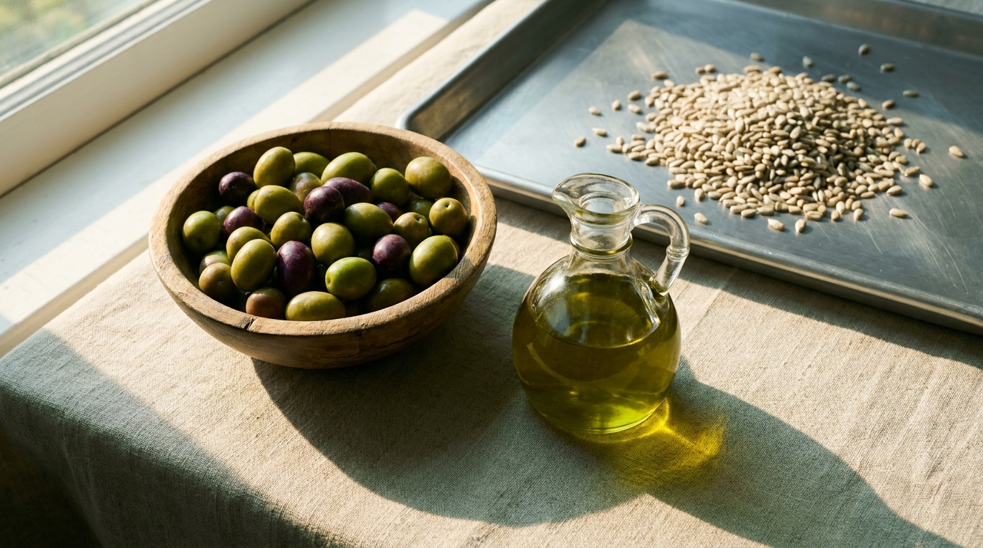 Fresh olives and golden extra virgin olive oil beside a tray of industrial seeds — fruit versus seed