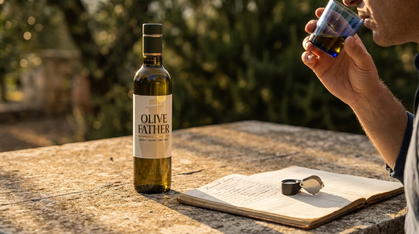 Olive Father bottle on a stone table with a tasting glass and harvest ledger — proving what extra virgin means