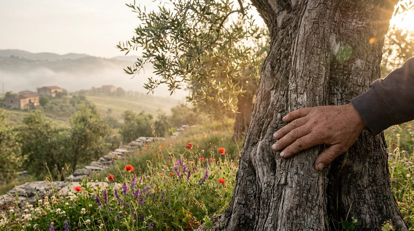 An ancient organic olive tree in Calabria with wildflowers as living ground cover and a farmer's hand resting on the bark at sunrise
