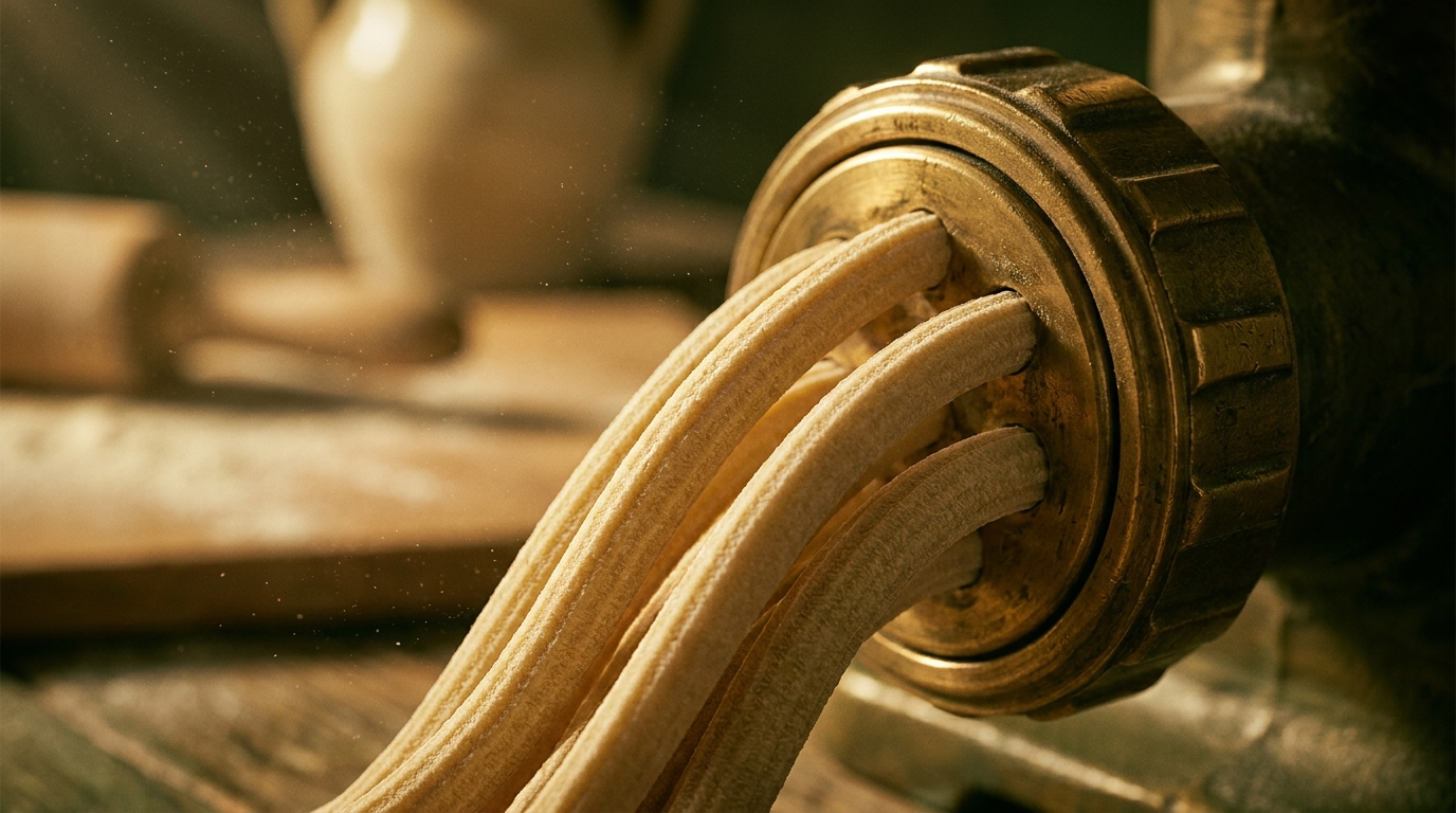 Fresh rigatoni being extruded through a traditional bronze die in an Italian pasta workshop