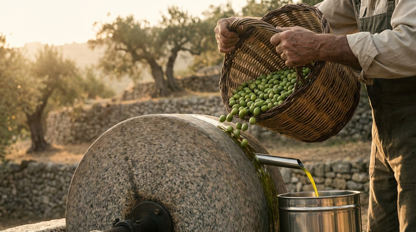 Freshly harvested green olives being poured toward a stone mill with a Calabrian olive grove behind